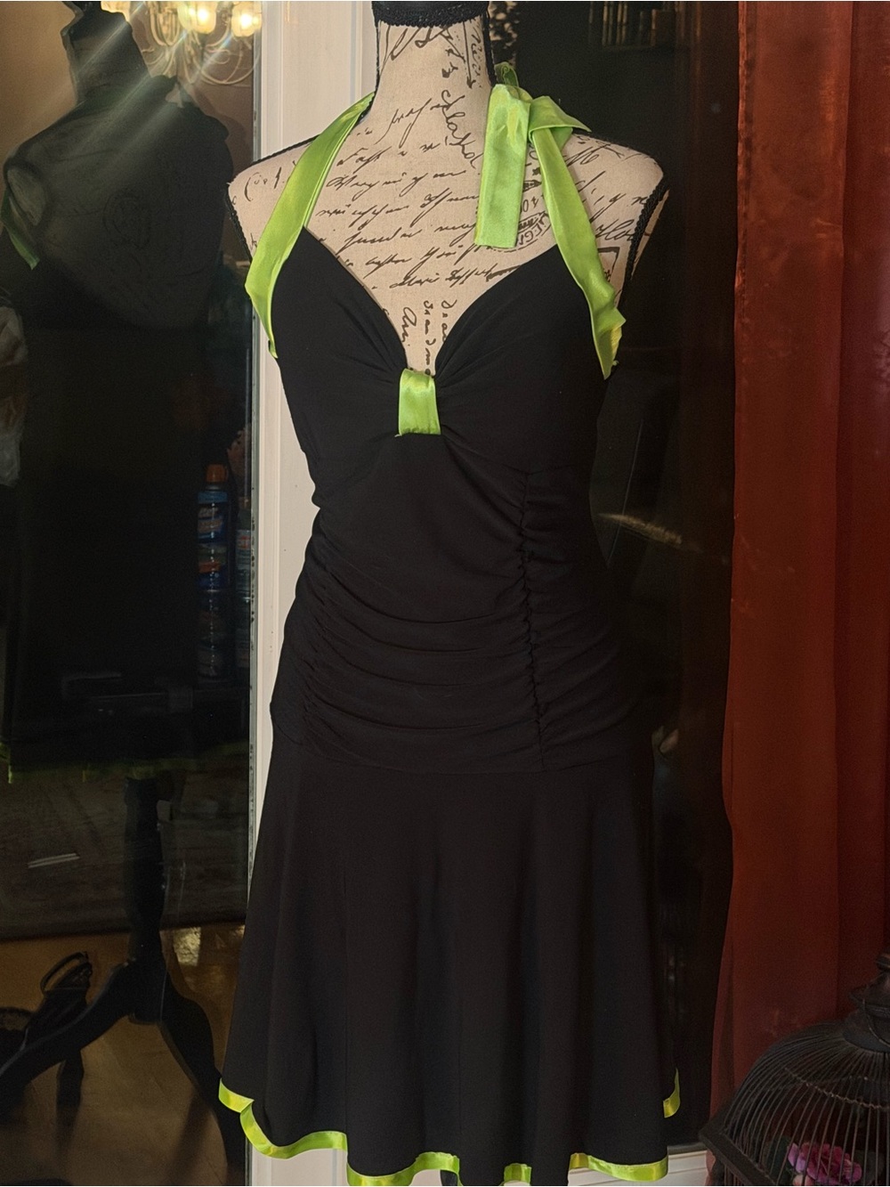 Vintage Y2K Taboo black halter dress with bold neon-lime satin trim